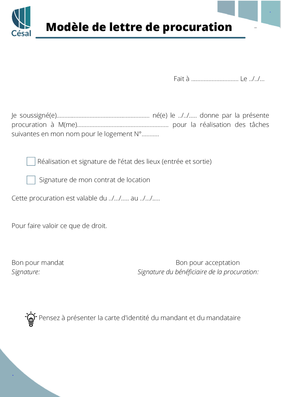 Lettre de procuration  Césal